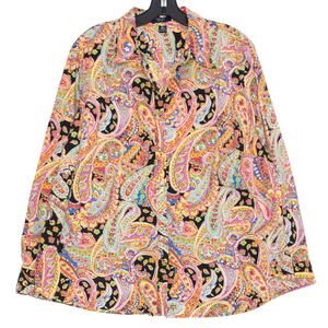 Chaps Top Floral Paisley Boho Retro Eclectic Statement Button Colorful Black 2X